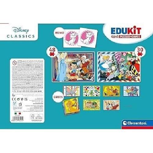 Jeu D'apprentissage Clementoni - Edukit - Disney - Coffret apprentissage 4 en 1 - 2 puzzles. 1 mémo. 1 jeu de 6 cubes - Fabriqué en Italie - Dés 4ans