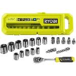 Coffret 1 cle 90 dents -angle de reprise 4o- et 16 douilles -de 7 a 24 mm-. adaptateur Hex 1-4'' - Hex 3-8'' - Compatible Ryobi