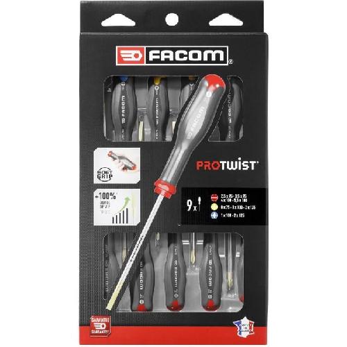 Tournevis Coffret de 9 Tournevis Protwist FACOM - AT.9PB - Fente/Phillips/Prozidriv - Standard - Gris