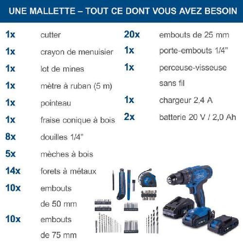 Perceuse Coffret perceuse visseuse sans fil C-DTB74/2-X - 50Nm mandrin 13mm + 74 access - SCHEPPACH 20V IXES + 2 batteries 2Ah + chargeur