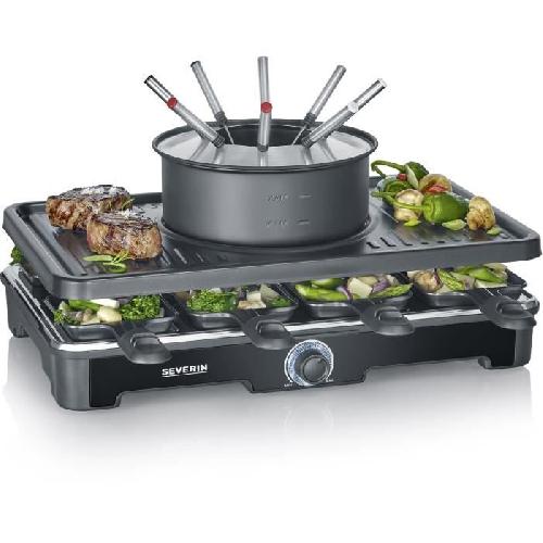 Appareil A Raclette Combiné Raclette-Fondue - SEVERIN - RG2347 - 8 pers - Caquelon avec 8 fourchettes et 8 spatules - Noir