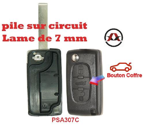 Boitier - Coque De Cle - Telecommande Coque de cle electronique et lame 7mm Citroen-Peugeot - 3 Boutons - Bouton coffre - Pile sur Circuit PSA307C -