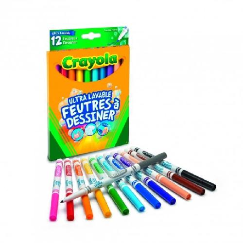 Feutres Crayola - 12 Feutres a dessiner ultra lavables -pointe fine- - boite francaise - se nettoie sans frotter