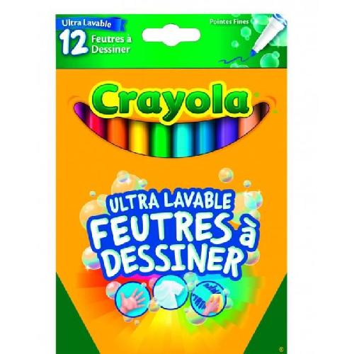 Feutres Crayola - 12 Feutres a dessiner ultra lavables -pointe fine- - boite francaise - se nettoie sans frotter