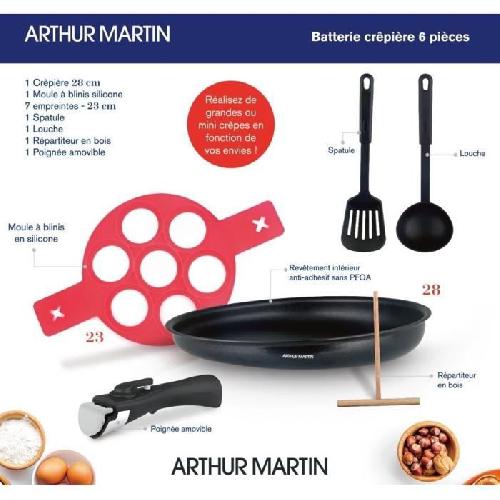 Batterie De Cuisine Crepiere - Arthur Martin AM5563 6 pieces - 28 cm - Aluminium - Poignee amovible - Tous feux dont induction