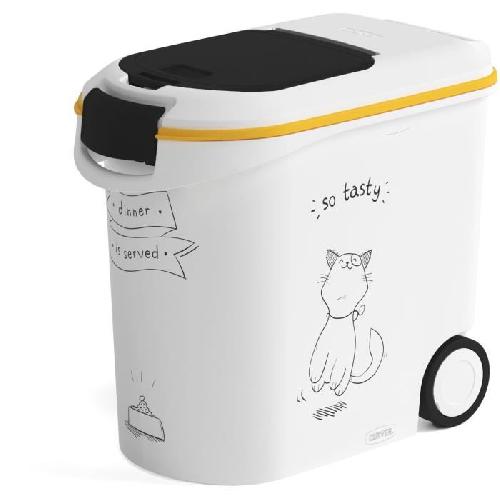 Distributeur D'aliment CURVER Conteneur a croquettes pour chat avec roulettes 12 kg - 35L - Le diner et servi