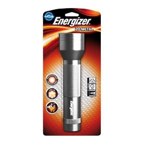 Lampe Electrique - Lampe De Poche ENERGIZER - Metal Led 135 lumens + 2 Piles D - Torche a main avec large bouton - poussoir resistante aux chocs quotidiens