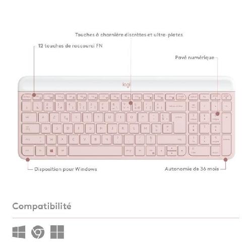 Pack Clavier - Souris Ensemble Clavier Souris - Sans fil - Logitech - MK470 Slim - Silencieux - AZERTY - Rose
