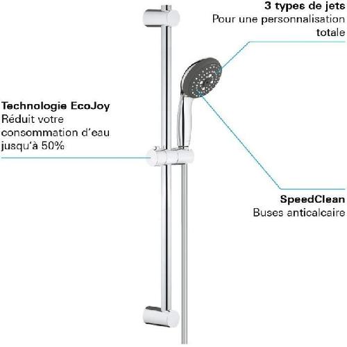 Flexible De Douche - Support De Douchette - Pommeau De Douche Ensemble de douche 3 jets avec barre - GROHE - Vitalio Start 100 - Chrome - Economie d'eau - 1.75 m