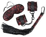 Attacher Ensemble menottes bandeau fouet 38cm satin noir et rouge