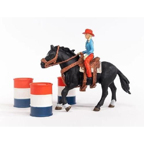 Figurine Miniature - Personnage Miniature Figurine Cowgirl et Tonneaux de Racing et Cheval Schleich - Animaux de la Ferme et Accessoires Western Réalistes - Coffret 7 Pieces