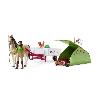 Figurine Miniature - Personnage Miniature Aventures au camping de Sarah. coffret schleich avec 23 éléments inclus dont 1 cheval schleich et 1 personnage. coffret figurines