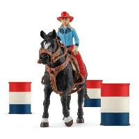 Figurine Miniature - Personnage Miniature Figurine Cowgirl et Tonneaux de Racing et Cheval Schleich - Animaux de la Ferme et Accessoires Western Réalistes - Coffret 7 Pieces