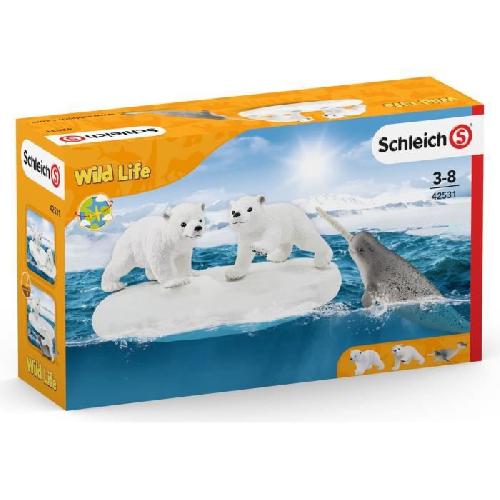 Figurine Miniature - Personnage Miniature Figurines Glissade des Ours Polaires. Coffret schleich avec 2 figurines oursons et 1 figurine de narval. pour enfants des 3 Ans.