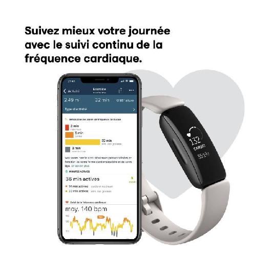 Coach Sportif - Suivi Activites Quotidiennes FITBIT Inspire 2 - Bracelet connecte - Autonomie 10 jours - Blanc