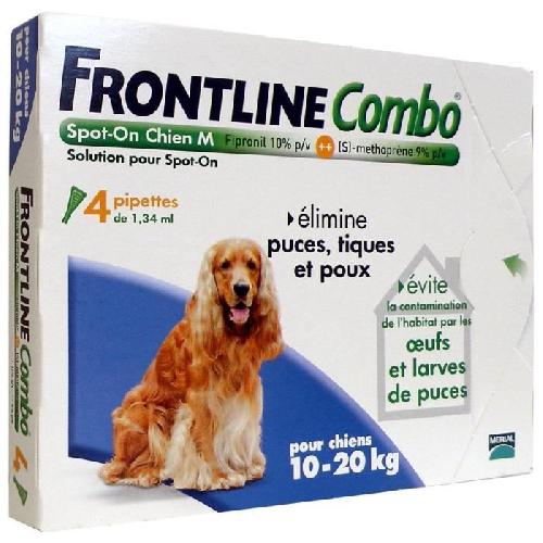 Antiparasitaire - Pipette - Lotion - Collier - Pince - Spray -shampoing - Crochet Tique FRONTLINE 4 Pipettes Combo Chien M - 10 a 20 kg - Puces tiques et poux