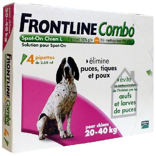 Antiparasitaire - Pipette - Lotion - Collier - Pince - Spray -shampoing - Crochet Tique FRONTLINE Combo Chien L - 20 a 40 kg - 4 Pipettes - Puces tiques et poux