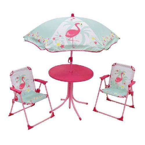 Accessoire Plein Air - Piece Detachee Plein Air FUN HOUSE 713088 FLAMANT ROSE Salon de jardin avec une table. 2 chaises pliables et un parasol pour enfant