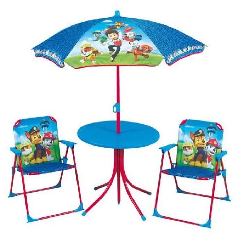 Fauteuil - Chaise Longue - Matelas Gonflable Piscine Fun House Pat Patrouille salon de jardin compose d'une table. de 2 chaises pliables et un parasol pour enfant