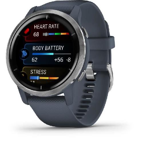 Montre Connectee Sport Garmin - Venu 2 - Montre connectee GPS Multi-sports et Sante - Autonomie Longue Duree - Bracelet Bleu Gris et Silver