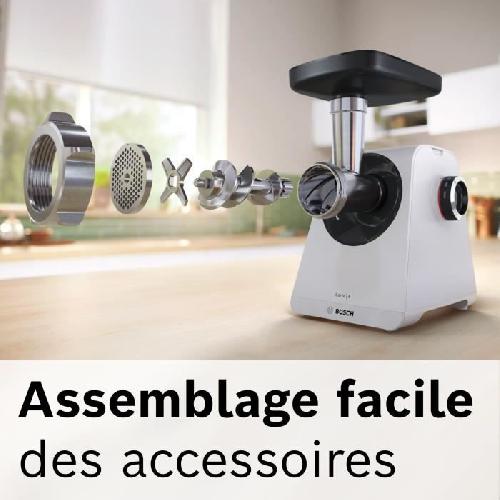 Hachoir Electrique Hachoir a viande - BOSCH - MFWS420W Série 4 - Blanc - 500 W - moteur bloqué 1900 W - 2.5 kg/mn - 2 vitesses - 2 grilles de hachoir