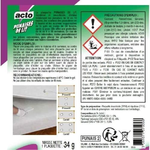 Produit Insecticide Insecticide punaises de lit et acariens - plaquette