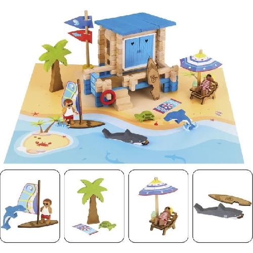 Jeu D'assemblage - Jeu De Construction - Jeu De Manipulation Journée a la Plage 120 Pieces - JEUJURA - Jeu de Construction en Bois Naturel. Tapis et Accessoires Inclus. 32x27x11 cm