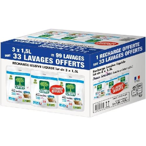Lessive L'ARBRE VERT 2 Recharges lessive Peaux sensibles + 1 Recharge 1.5L offerte