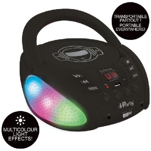 Lecteur Cd - Radio - Boombox Lecteur CD Bluetooth LEXIBOOK iParty avec Effets Lumineux et USB - Pour Enfant - Noir