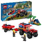 LEGO 60412 City Le Camion de Pompiers 4x4 et le Canot de Sauvetage. Jouet avec Bateau. Remorque et Minifigurines