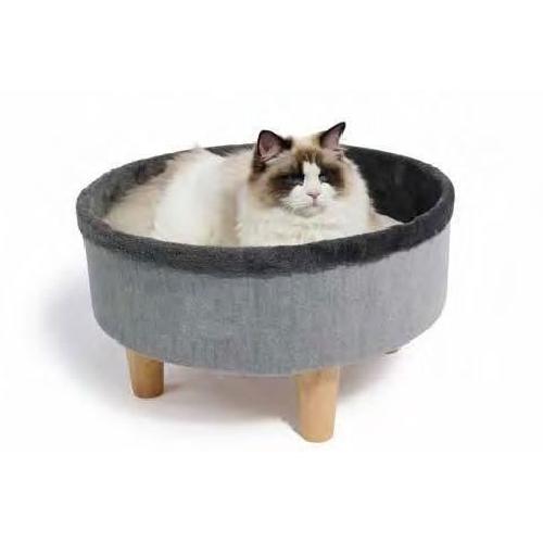 Corbeille - Panier - Coussin - Hamac Lit rond surélevé - M PETS - ROUND - Gris - 47 x 47 x 26 cm - Pied en bois - Coussin doux