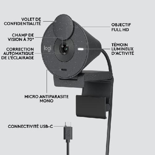 Webcam Logitech Brio 300 Webcam Full HD avec confidentialite. micro a reduction de bruit. USB-C - Graphite