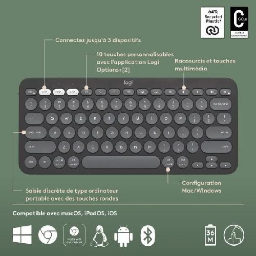 Clavier D'ordinateur LOGITECH - Clavier sans fil - Pebble Keys 2 K380s - Bluetooth - Bouton Easy-Switch - Graphite - (920-011803)