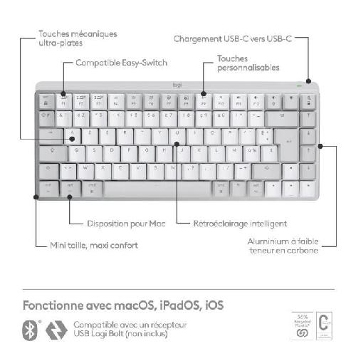 Souris Logitech - Clavier sans fil pour Mac - MX Mechanical Mini - Gris Pâle
