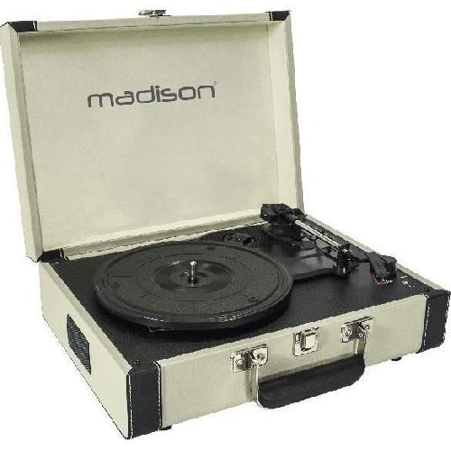 Platine Vinyle - Tourne-disque MADISON MAD-RETROCASE-CR - Platine vinyle 33-45-78 tours - Fonction d'enregistrement USB et SD - Bluetooth - Haut-parleurs integres