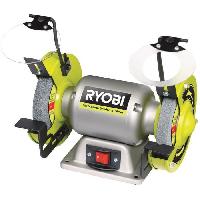 Meuleuse RYOBI - Touret a meuler 250 W + meule a ebavurer. meule de finition. 2 pare-eclats transparents et 2 porte-pieces - RBG6G1