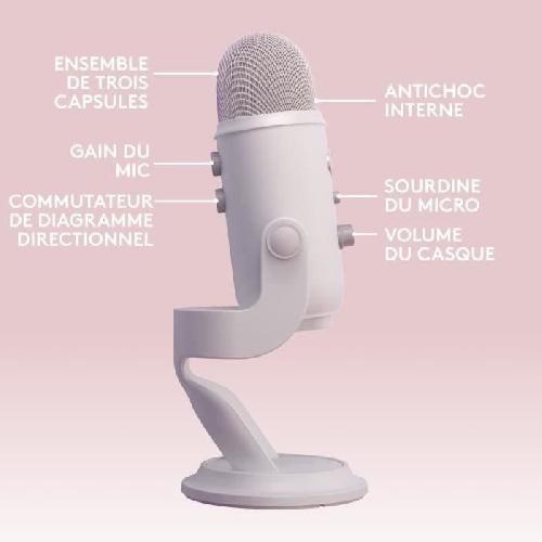 Microphone Pc Microphone Logitech Blue Yeti Microphone Gaming USB pour Streaming Premium. Podcast. Studio avec Themes Streamlabs Exclusifs - White