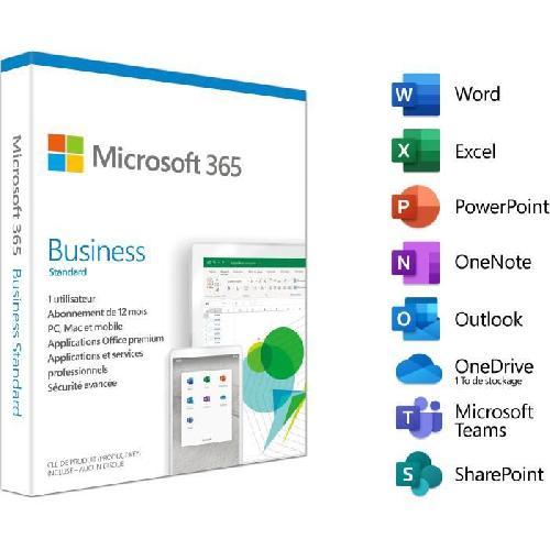 Logiciel Bureautique - Utilitaire Microsoft 365 Business Standard - 1 utilisateur - 5 PC ou Mac + 5 tablettes + 5 smartphones - Abonnement 1 an