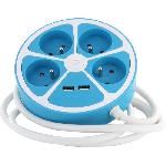 Multiprise design circulaire - CHACON -  4X16 A - Cordon 1.5 m - Avec 2 USB-A + Interrupteur - Bleu