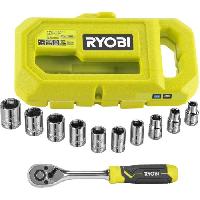 Outil A Main RYOBI - Coffret 1 clé 90 dents. 8 douilles (de 8 a 15 mm) & adaptateur 1/4'' - 3/8'' - Compatible Ryobi LINK - RHRS10PC