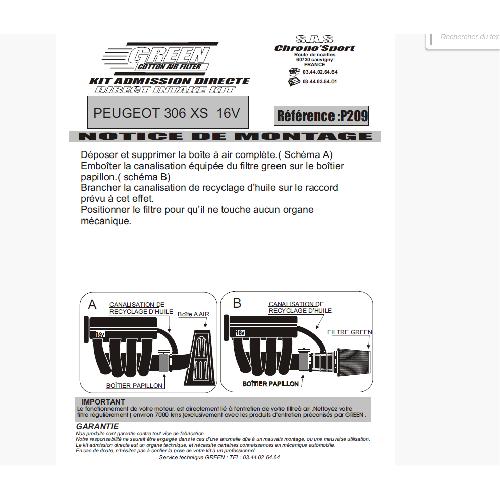 Admission Directe P209 - Kit Admission Directe Standard compatible avec Peugeot 306 406 - 1.8 2.0L - 96-04