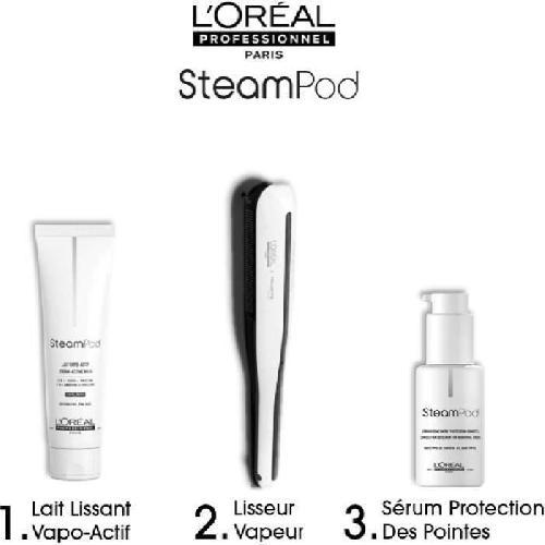 Lisseur - Pince - Fer A Lisser Pack Steampod 3.0 - L'Oréal Professionnel - UFR10011 - Lisseur vapeur professionnel 2 en 1 - Sérum - Soin vapo-activé - Blanc