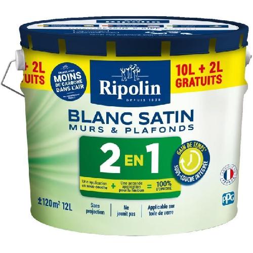 Peinture - Vernis - Traitement (lasure - Effets Decoratifs) Peinture Murs et Plafonds 2 en 1 Blanc Satin Ripolin 10L + 2L gratuits