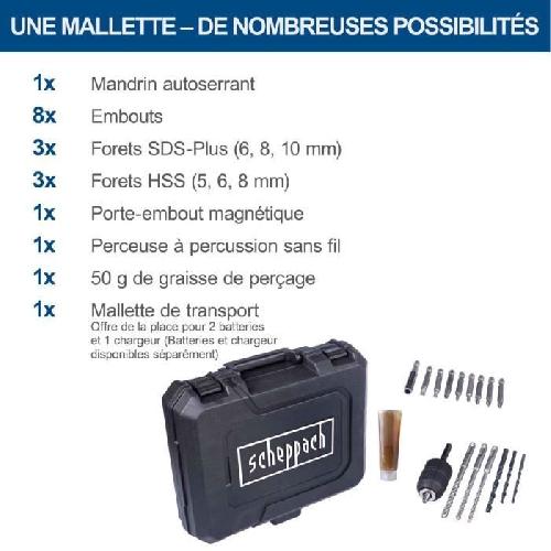 Perceuse Perforateur sans fil C-RHD130-X - 1.3J 6000 bpm + forets. accessoires. malette - SCHEPPACH 20V IXES - sans batterie ni chargeur