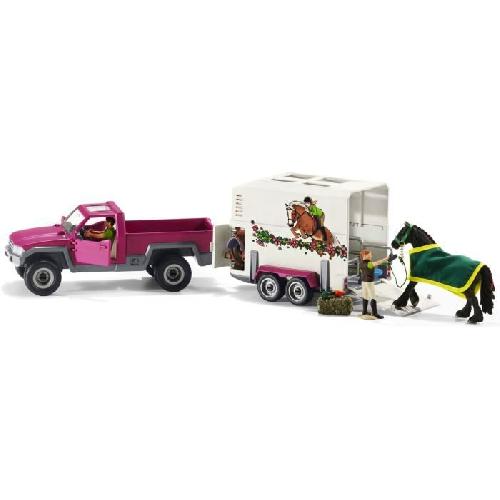 Figurine Miniature - Personnage Miniature Pick-up avec remorque pour cheval. coffret figurines schleich avec 38 éléments dont 1 cheval inclus. Schleich 42346 Horse Club