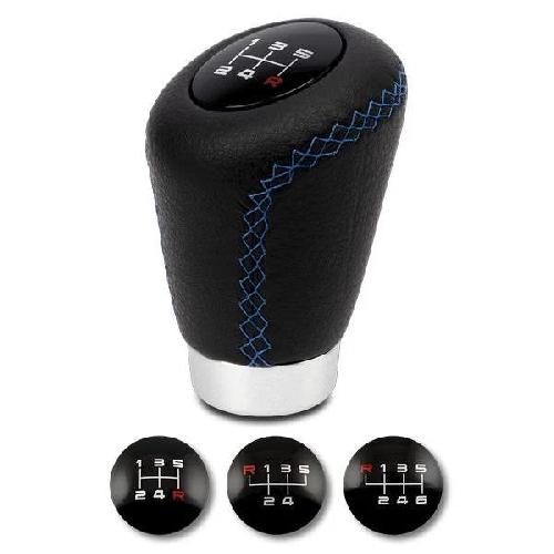 Levier - Pommeaux Pommeau Cuir Noir- Bleu Bague Marche Ar + 3 Pastilles De Vitesses