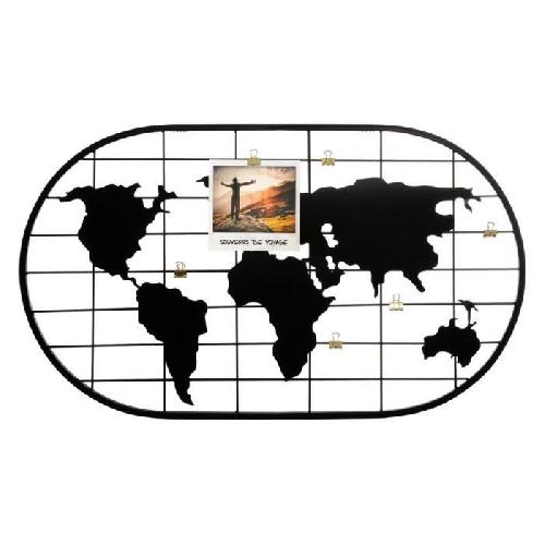 Porte-photo carte du monde en metal - 60 x 35 cm - Noir