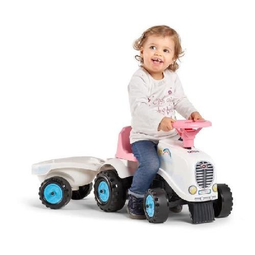 Porteur - Pousseur Porteur Tracteur Rainbow Farm avec remorque - FALK - Pour filles des 1 an - Formes rondes et couleurs pastels
