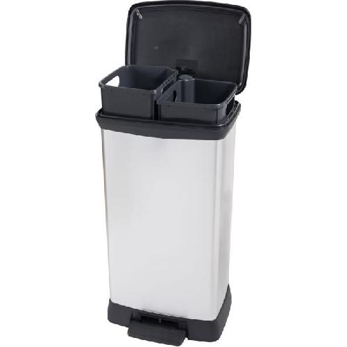 Poubelle - Corbeille - Support Sac Poubelle Duo Rectangle - DECO BIN - CURVER - 46L -23+23L- - Double compartiment - 39 x 29 x 72 cm - Gris metallise