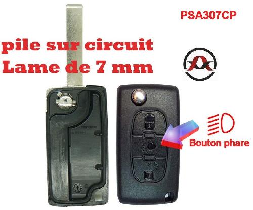 Boitier - Coque De Cle - Telecommande PSA307CP - Coque de cle electronique et lame 7mm Citroen-Peugeot - 3 Boutons - Bouton phare - Pile sur circuit